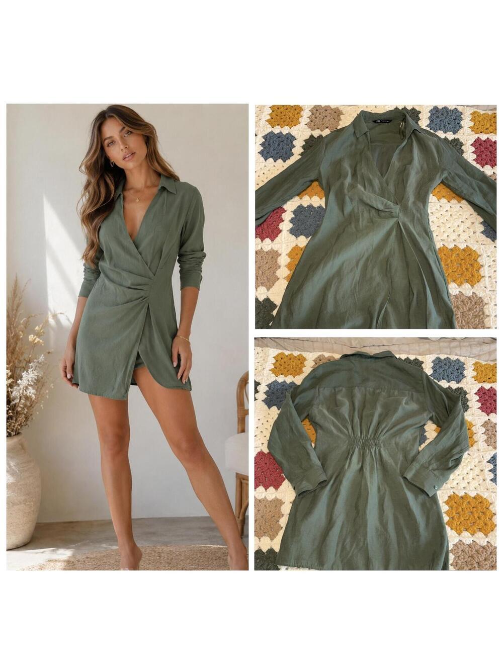 Zara Sage Green Womans L Summer mini dress v-neck long sleeves draped crossover
